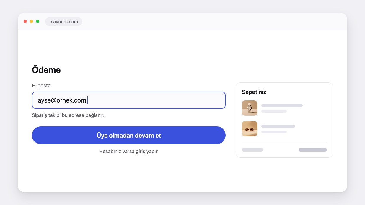 Ödeme ekranında e-posta yazılıyor, sipariş numarası veriliyor ve takip ekranında durum çizelgesi doluyor.
